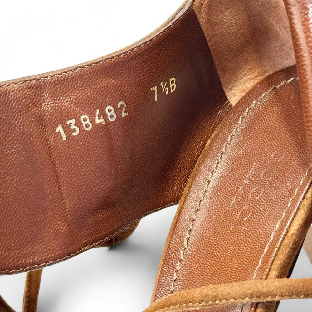 Gucci Vintage Y2K Horsebit Suede Sandals Lace Up Stiletto Heels Cognac Brown 7.5 - Picture 13 of 13